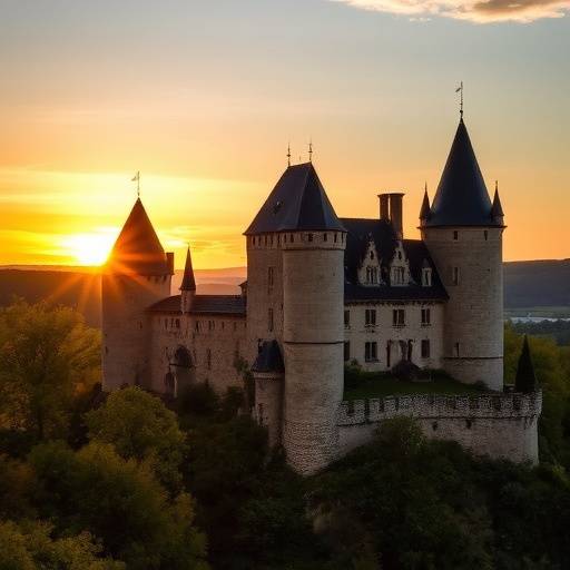 Ch√¢teau m√©di√©val en Dordogne au coucher du soleil
