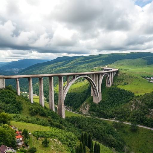 Viaduc de Millau traversant la vallée du Tarn, avec un ciel nuageux et un paysage verdoyant